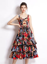 Printed V-neck Waist Cake Dress