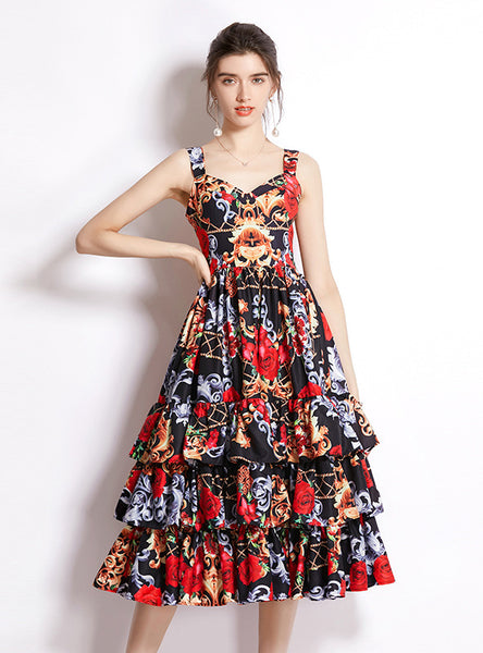 Printed V-neck Waist Cake Dress