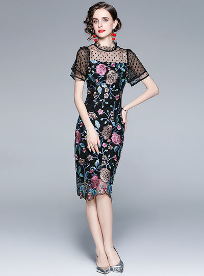 Heavy Embroidery Mesh Stitching Slim Dress