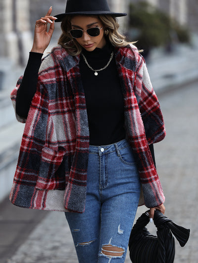 Women Plush Plaid Buttonless Coat