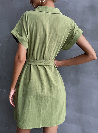 Green Lapel Short Sleeves Shirt Dress