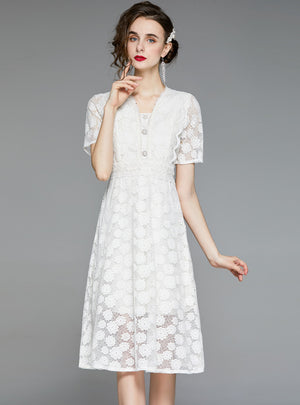 V Neck Lace Short Sleeve Long Dress