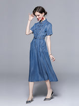 Silk Waistband Short Sleeve Denim Dress