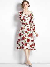 Square Vintage Rose Print High Waist Dress