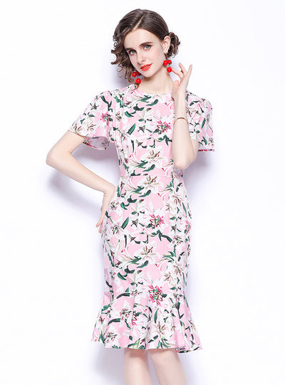 Round Neck Ruffled Short Sleeve Printed Dress