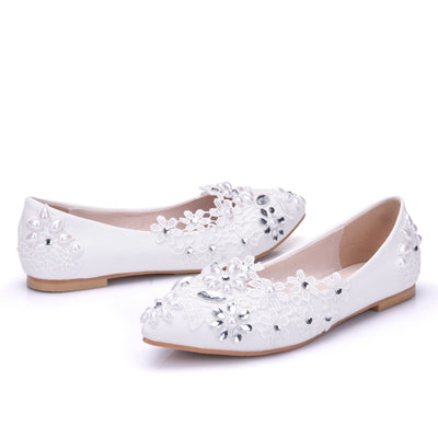 White Lace Flat Rhinestone Pearl Wedding Shoes