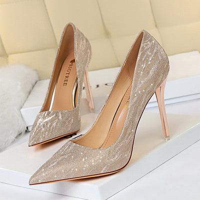 Shallow Pointed Sequined High Heels