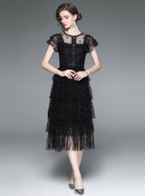 Black Flounce Lace Mesh Embroidered Cake Dress