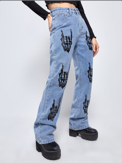 Women Printed Loose-leg Pants Jeans