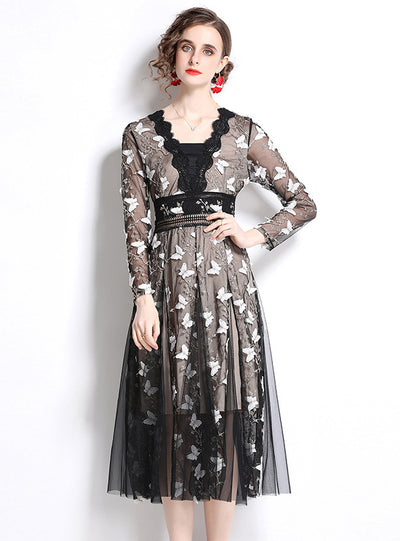 Mesh Butterfly Long Sleeve Embroidered Dress