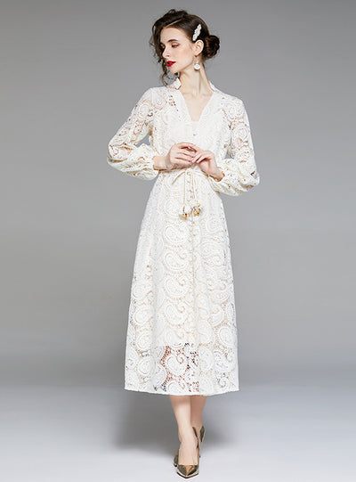 Retro Lace Bubble Sleeve Two Piece Dress