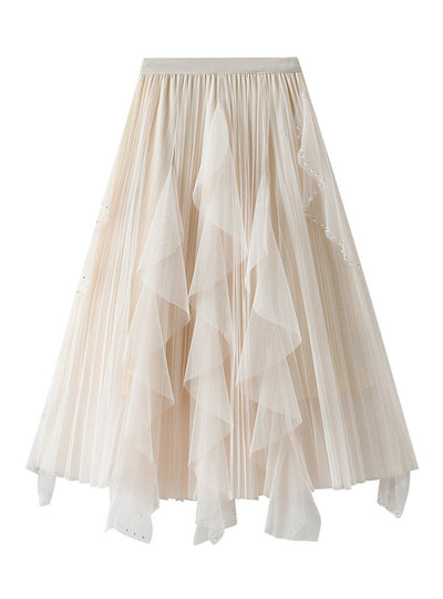 Nail Bead Irregular Ruffled Gauze Skirt