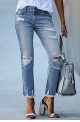 Slim Holes Raw Edges Jeans