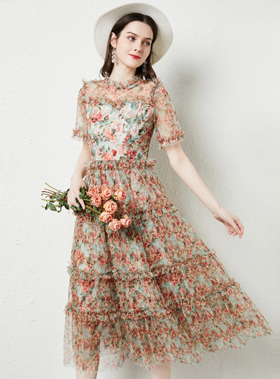 Short-sleeved Wooden Ear Gauze Print Dress