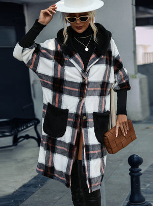 Striped Plush Hooded Patchwork Plaid Jacket