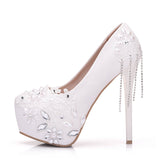 White Lace Rhinestone Pearl Wedding Shoes