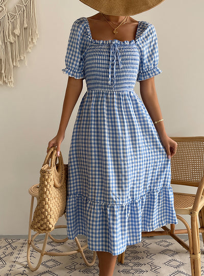 Fashion Plaid Square Collar Dress