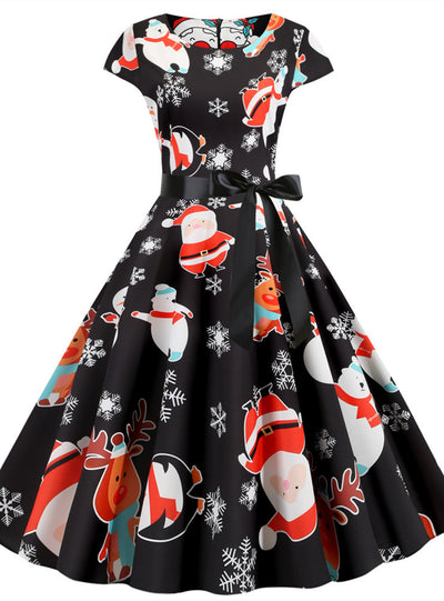 Cap Sleeve Print Christmas Party Dress