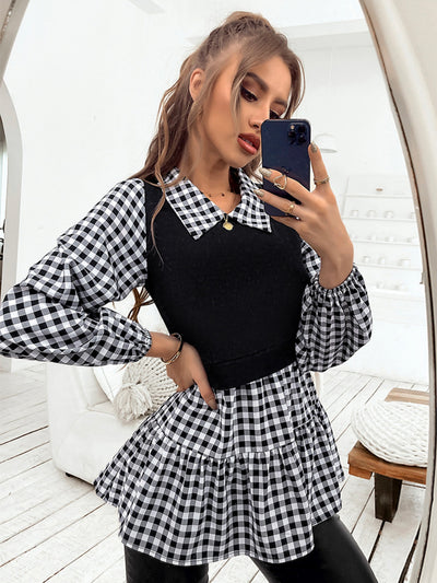 Fake Two-piece Plaid Collar Shirt