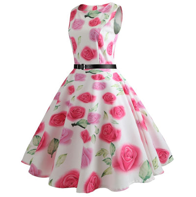 Rose Print Retro Sleeveless Sexy Dress