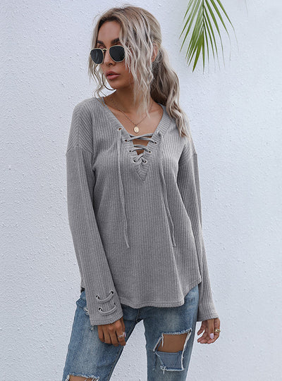 Pullover V-neck Grey Long Sleeve Shirt