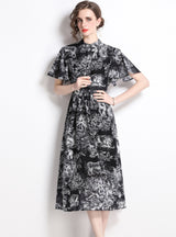 Printed Shirt Lapel Short Sleeve Slim Dress