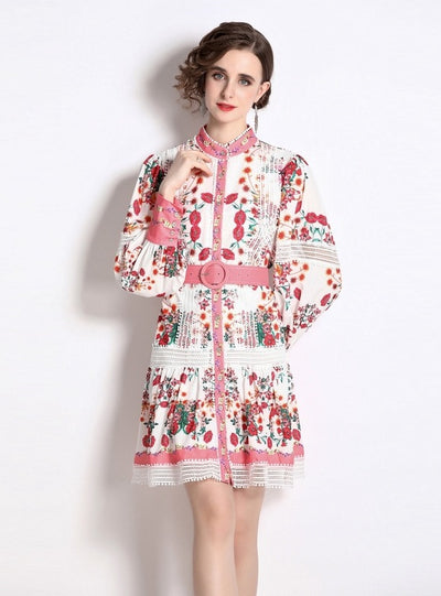 Stand-up Ppenwork Long Sleeve Print Dress