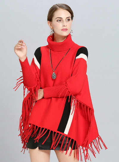 Vertical Stripes Loose Fringed Turtleneck Sweater Coak