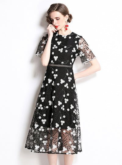 Women Black Heavy Embroidery Gauze Dress