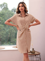 Short Sleeve Pleated Lapel Shirt Dress