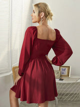 V-neck Puff Sleeve Long Sleeve Ruffled Dress