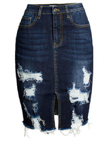 Slim-fit Worn Hole Hip Denim Skirt