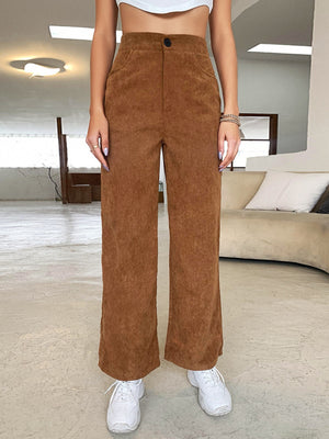 Casual High Waist Button Pocket Corduroy Pants