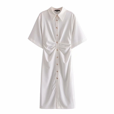 Women Chic Fashion Button-up Draped Midi Shirt Dress