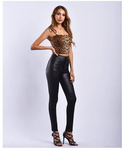 Black High Waist PU Leather Button Slim Pants