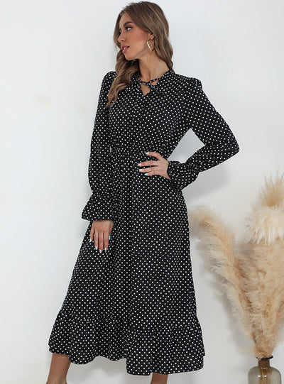 Long-sleeved Pleated Polka-dot Dress