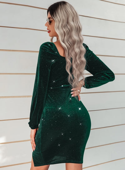 Fashion V-neck Long Sleeve Velvet Dress