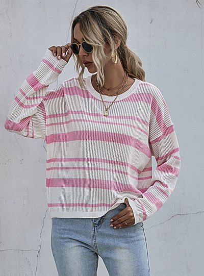 Women Pink Turtleneck Striped Sweater