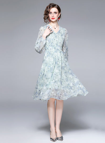 Blue Fairy Floral Chiffon Long Sleeve Dress