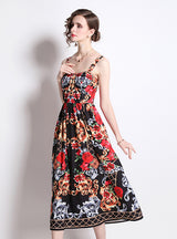 Suspender Vintage Rose Print Long Dress