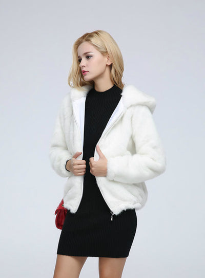 Short Zipper Mink Fur Coat With Cap Imitation Mink Fur