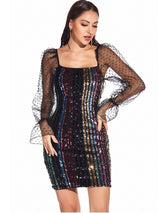 Mesh Long Sleeve Sequined Dress