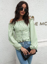 Women Lantern Sleeve Lace Up Shirt