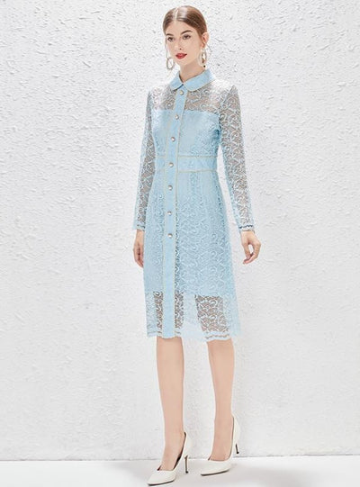 Blue Long Sleeve Heavy-duty Lace Dress