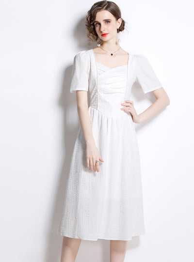 Retro French Pleated White Dress