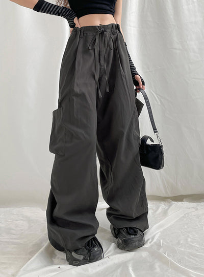 Straight Overalls Elastic Drawstring Big Pocket Pant