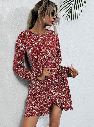 Retro Long Sleeve Leopard Print Irregular Dress