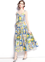 Lemon Printed Bow Slim Sling Dress