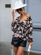 Printed Long Sleeve V-neck Chiffon Shirt