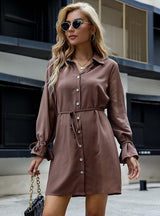 Solid Color Lapel Long Sleeve Shirt Dress